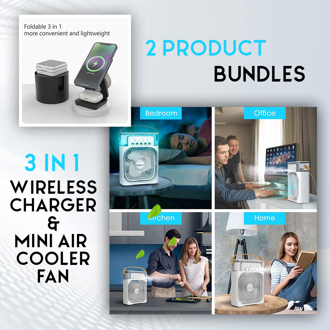 2-in-1 Bundle 3-in-1 Wireless Charger + Portable Air Cooler Fan